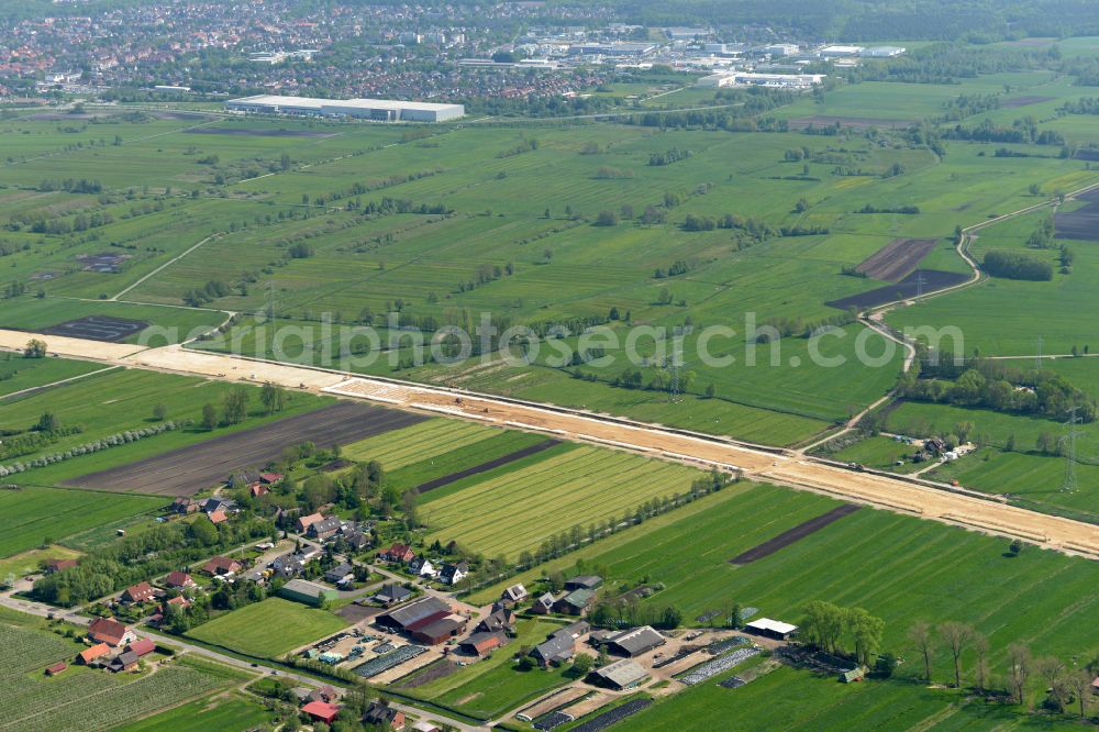 Buxtehude from the bird's eye view: Construction site for new construction on the motorway route of the motorway A26 exit in the district Eilendorf in Buxtehude in the state of Lower Saxony, Germany