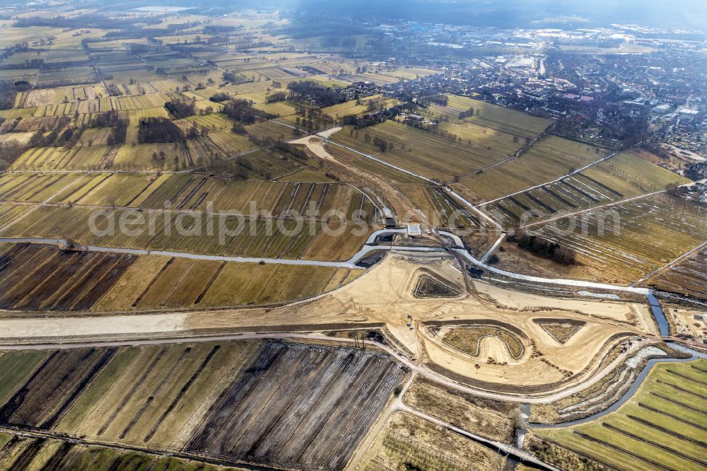 Aerial image Buxtehude - Construction site for new construction on the motorway route of the motorway A26 exit in the district Eilendorf in Buxtehude in the state of Lower Saxony, Germany