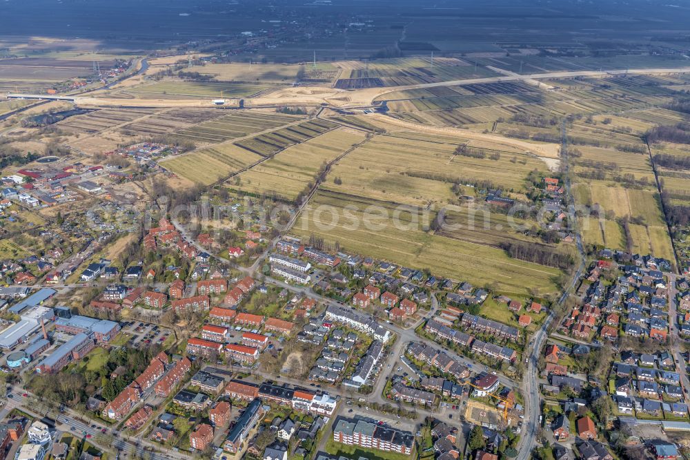 Buxtehude from above - Construction site for new construction on the motorway route of the motorway A26 exit in the district Eilendorf in Buxtehude in the state of Lower Saxony, Germany