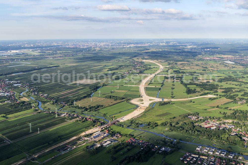 Aerial photograph Buxtehude - Construction site for new construction on the motorway route of the motorway A26 exit in the district Eilendorf in Buxtehude in the state of Lower Saxony, Germany