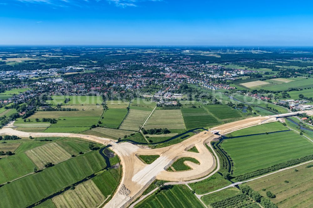 Aerial photograph Buxtehude - Construction site for new construction on the motorway route of the motorway A26 exit in the district Eilendorf in Buxtehude in the state of Lower Saxony, Germany