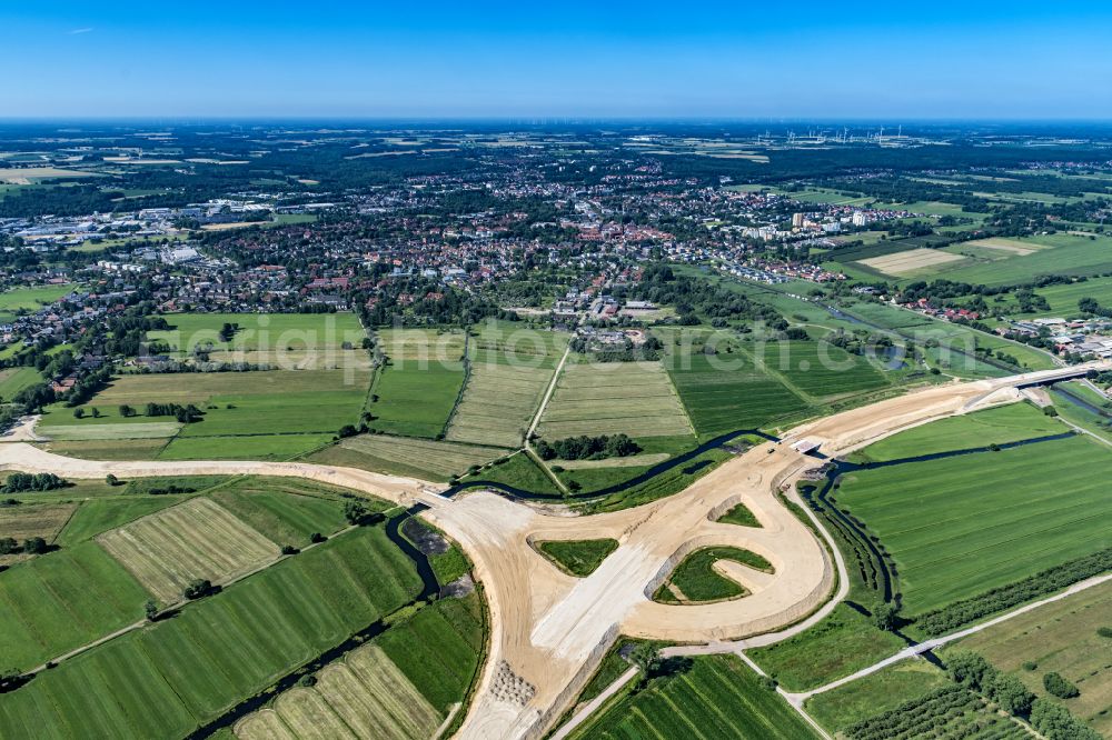 Buxtehude from above - Construction site for new construction on the motorway route of the motorway A26 exit in the district Eilendorf in Buxtehude in the state of Lower Saxony, Germany