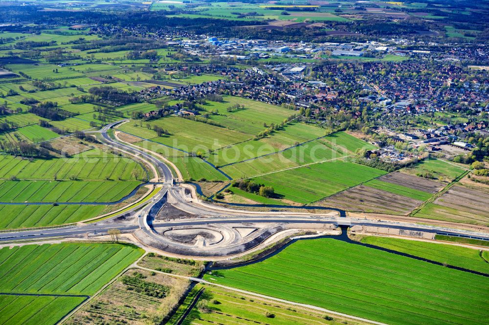 Aerial photograph Buxtehude - Construction site for new construction on the motorway route of the motorway A26 exit in the district Eilendorf in Buxtehude in the state of Lower Saxony, Germany