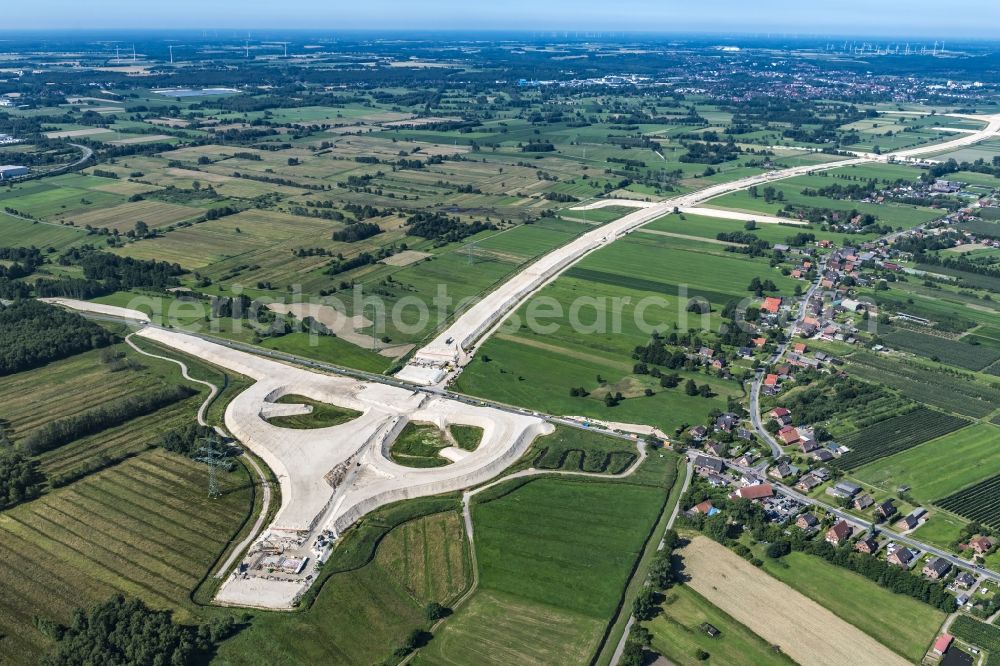 Neu Wulmstorf from above - Construction site for new construction on the motorway route of the motorway exit A26 in Neu Wulmstorf in the state of Lower Saxony, Germany