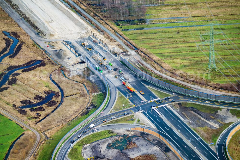 Neu Wulmstorf from the bird's eye view: Construction site for new construction on the motorway route of the motorway exit A26 in Neu Wulmstorf in the state of Lower Saxony, Germany