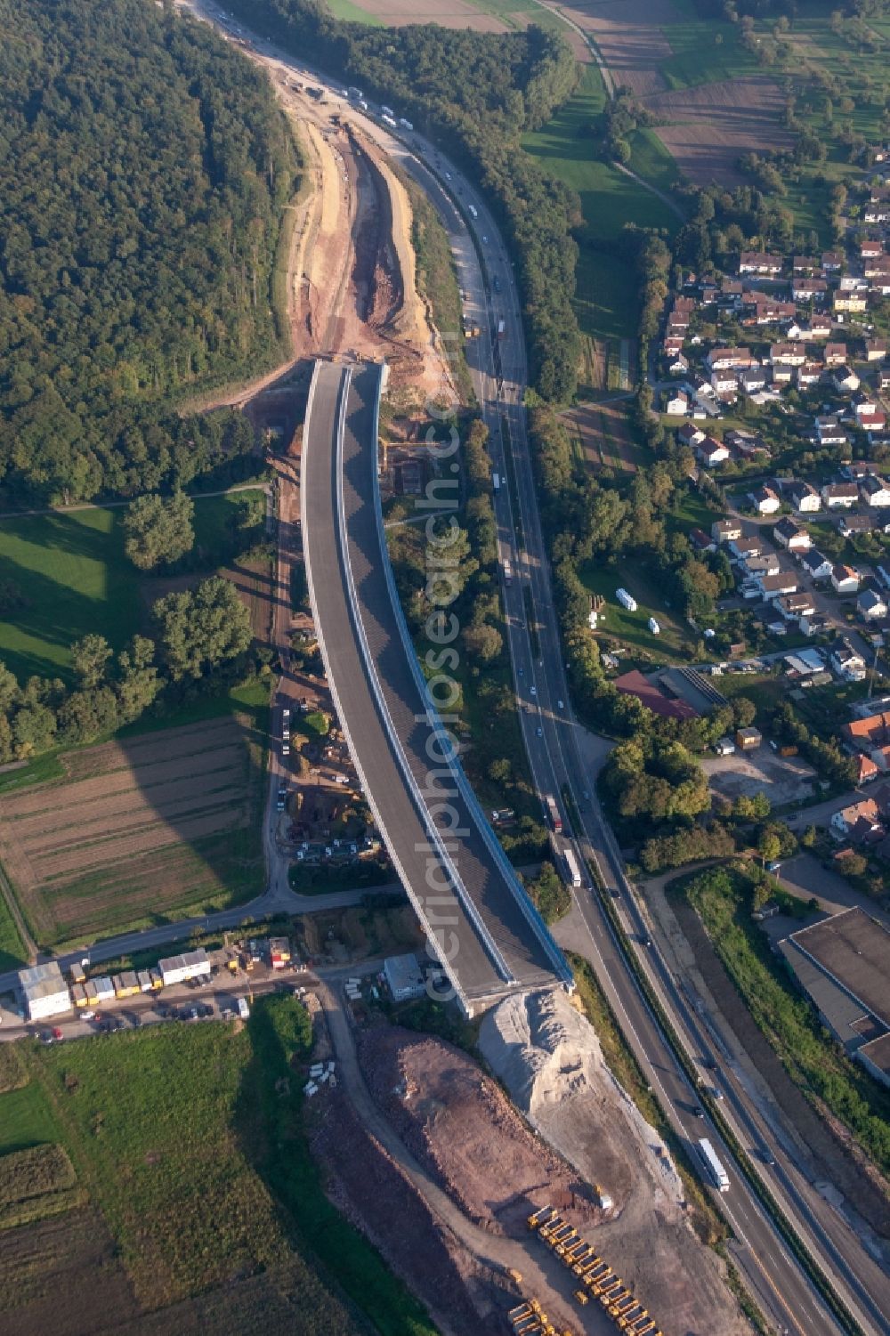 Karlsbad from the bird's eye view: New construction site of the autobahn course of the BAB 8 in the district Mutschelbach in Karlsbad in the state Baden-Wuerttemberg, Germany