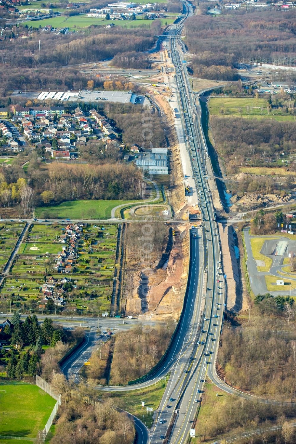 Recklinghausen from the bird's eye view: New construction site of the autobahn course of the BAB A43 in the district Stuckenbusch in Recklinghausen in the state North Rhine-Westphalia