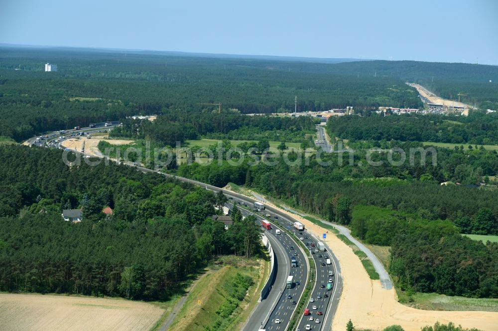 Michendorf from above - New construction site of the autobahn course of the BAB A10 zum 8-streifigen Ausbau in Michendorf in the state Brandenburg, Germany