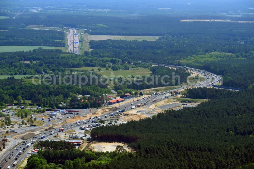 Michendorf from above - New construction site of the autobahn course of the BAB A10 zum 8-streifigen Ausbau in Michendorf in the state Brandenburg, Germany