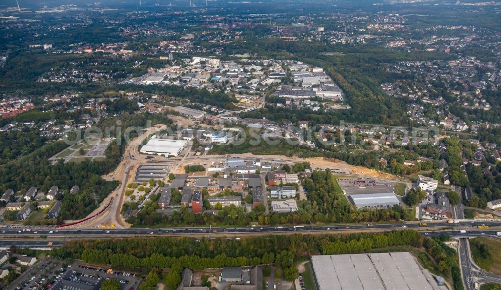 Essen from the bird's eye view: Construction site for the new construction of the motorway entrance on the BAB 40 in Frillendorf in Essen in the federal state of North Rhine-Westphalia, Germany