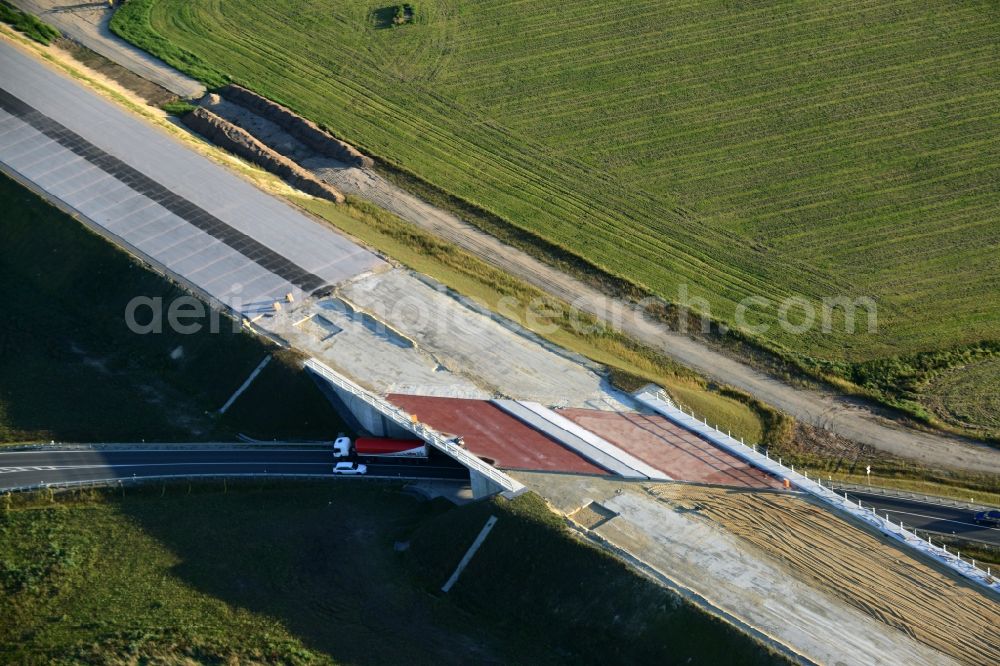 Karstädt from above - Construction site to build the new highway bridge BAB A14 on the Loecknitz in Karstaedt in Brandenburg