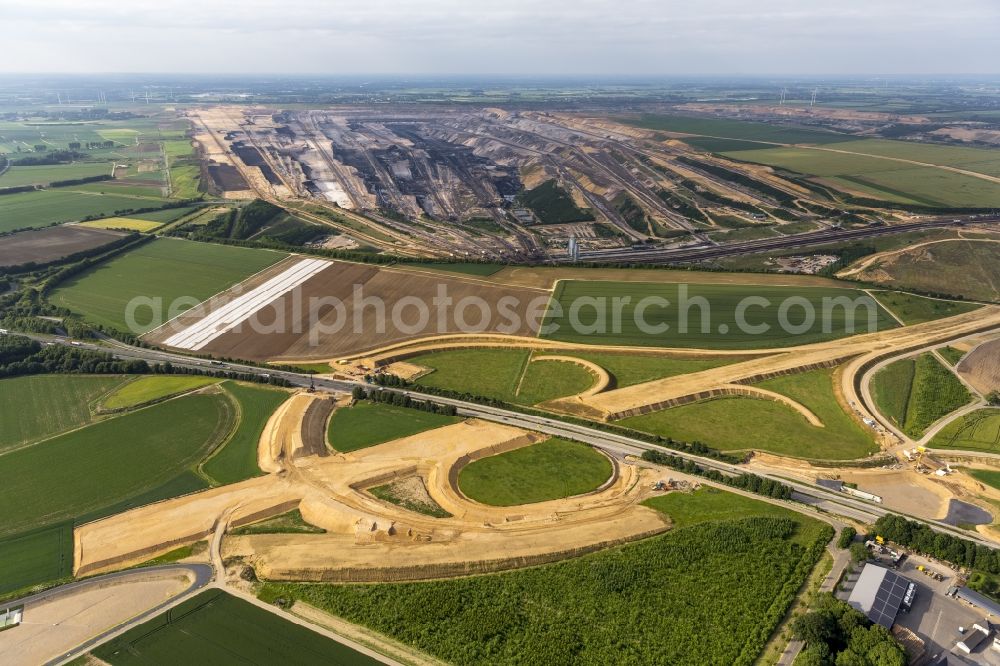 Bedburg from above - View of Construction site to build new motorway junction A61 and A44 on lignite mining Garzweiler I Bedburg in the state of North Rhine-Westphalia