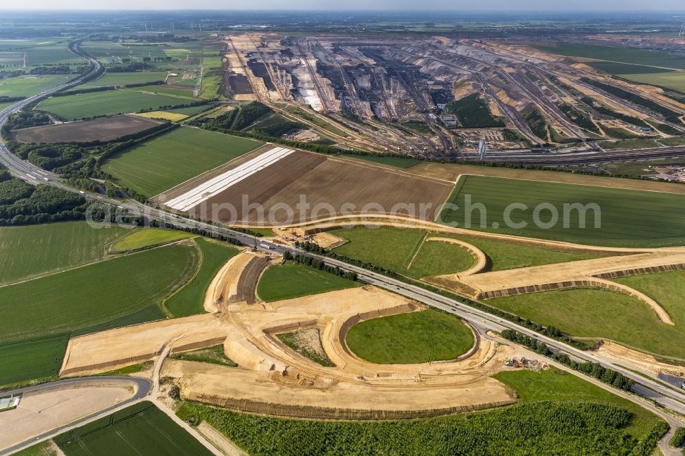 Bedburg from the bird's eye view: View of Construction site to build new motorway junction A61 and A44 on lignite mining Garzweiler I Bedburg in the state of North Rhine-Westphalia