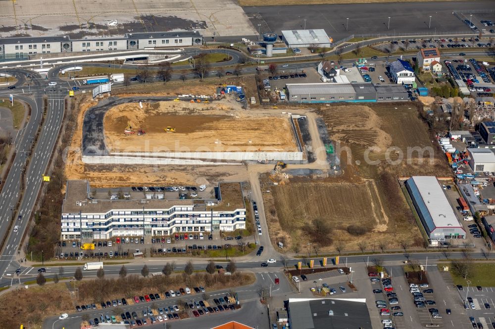 Aerial image Holzwickede - Construction site at the car dealership of the car Porsche Zentrum Dortmund of Huelpert GmbH on Bertha-Krupp-Strasse in Holzwickede in the state North Rhine-Westphalia, Germany