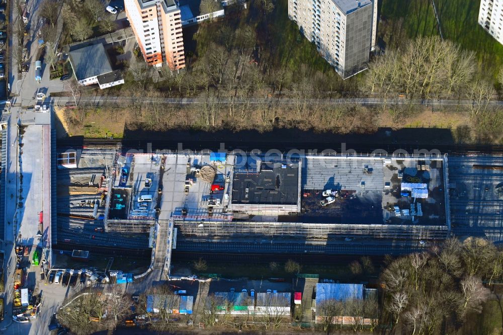 Hamburg from above - Construction site for the new building einer U-Bahn-Betriebswerkstatt of Hamburger Hochbahn AG in the district Horn in Hamburg, Germany