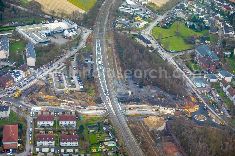 Lünen from above - Construction site for the new building a railway onderpass in the district Preussen in Luenen in the state North Rhine-Westphalia, Germany