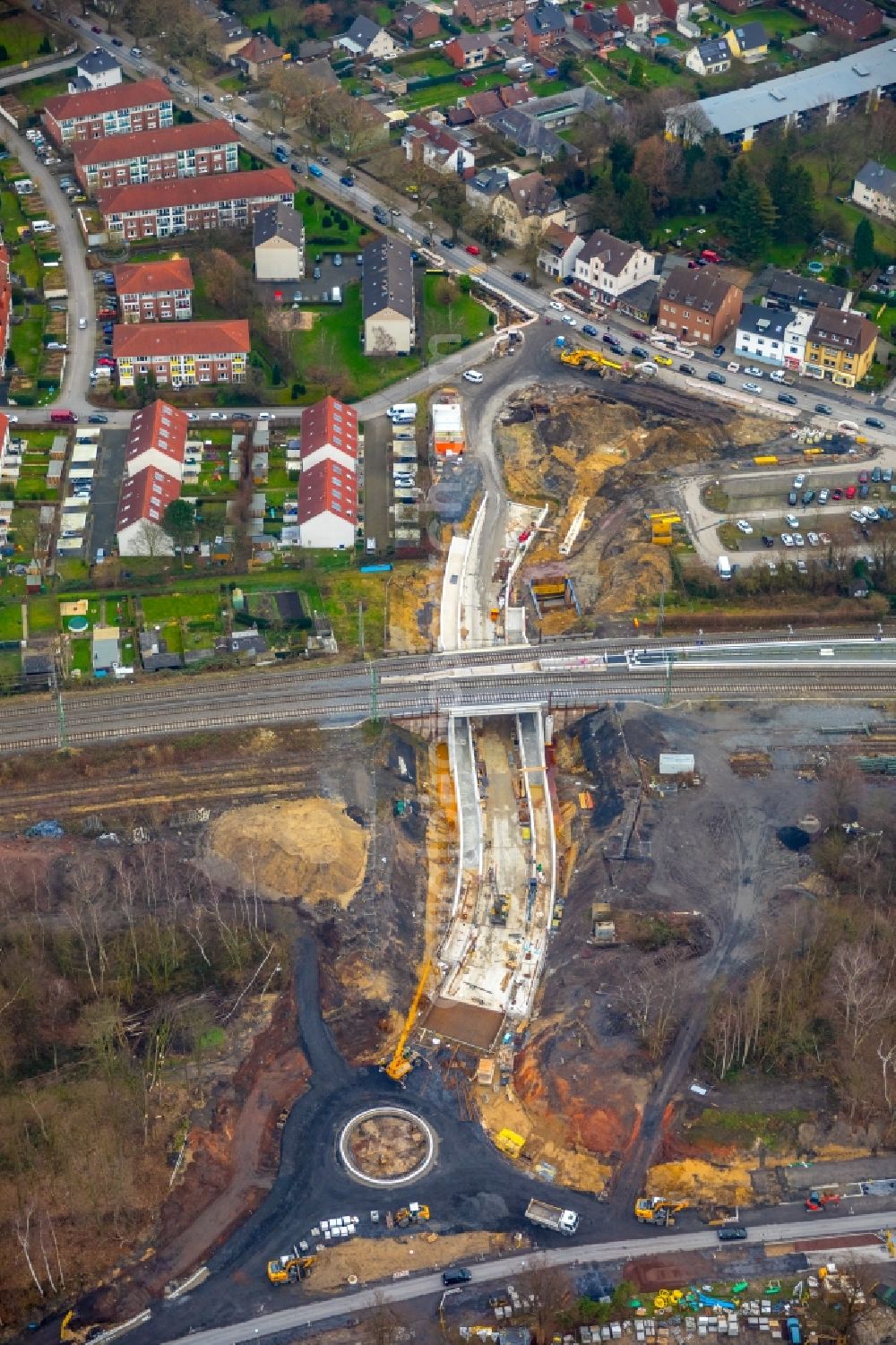 Aerial photograph Lünen - Construction site for the new building a railway onderpass in the district Preussen in Luenen in the state North Rhine-Westphalia, Germany