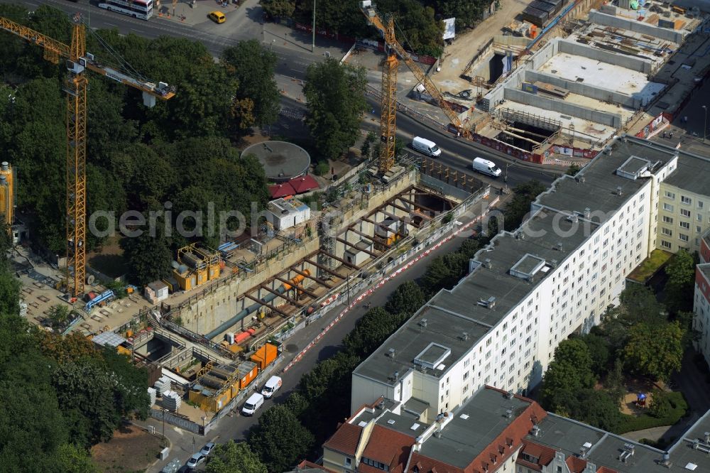 Berlin from the bird's eye view: Construction site of the U-Bahn-Station Berliner Rathaus of the underground line U5 in the Mitte part of Berlin in Germany. The square is being redesigned and the station is under construction