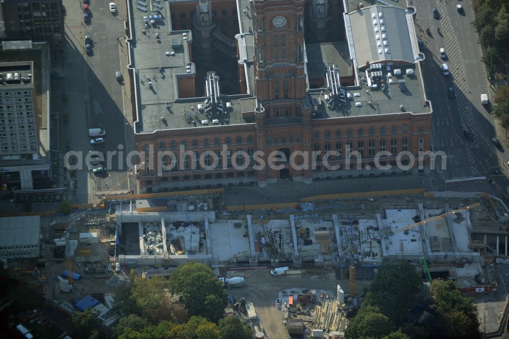 Berlin from the bird's eye view: Construction site of the U-Bahn-Station Berliner Rathaus of the underground line U5 in the Mitte part of Berlin in Germany. The square is being redesigned and the station is under construction