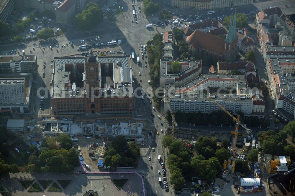 Aerial photograph Berlin - Construction site of the U-Bahn-Station Berliner Rathaus of the underground line U5 in the Mitte part of Berlin in Germany. The square is being redesigned and the station is under construction