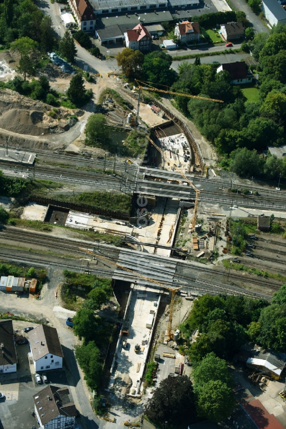 Northeim from the bird's eye view: Construction site for the new building einer Bahnunterfuehrung of DB InfraGO AG in Northeim in the state Lower Saxony, Germany