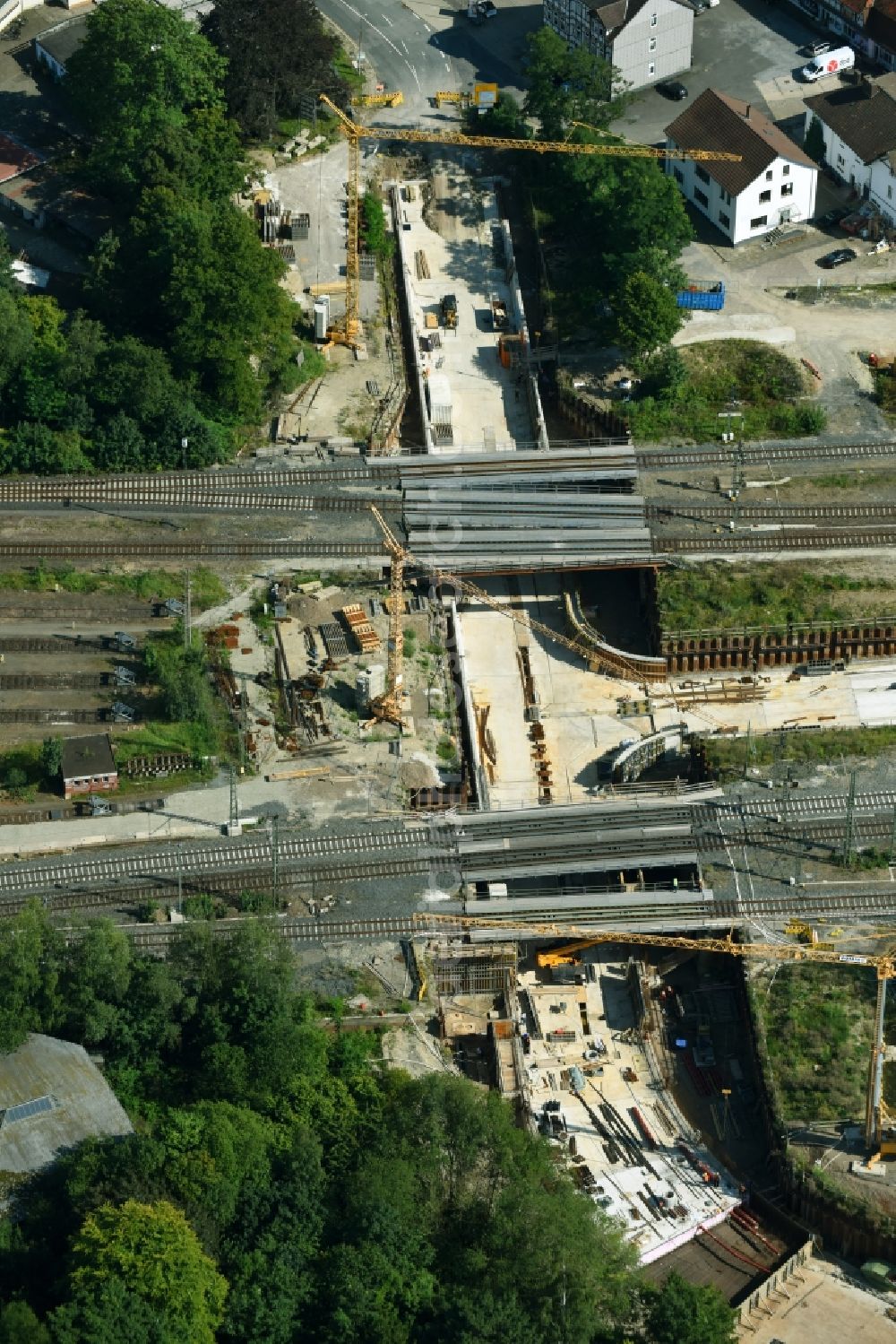 Northeim from above - Construction site for the new building einer Bahnunterfuehrung of DB InfraGO AG in Northeim in the state Lower Saxony, Germany