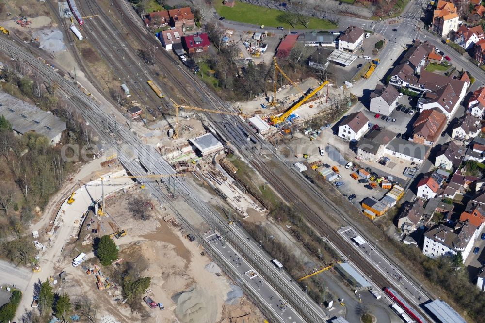 Northeim from the bird's eye view: Construction site for the new building einer Bahnunterfuehrung of DB InfraGO AG in Northeim in the state Lower Saxony, Germany