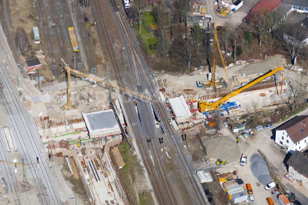 Aerial photograph Northeim - Construction site for the new building einer Bahnunterfuehrung of DB InfraGO AG in Northeim in the state Lower Saxony, Germany