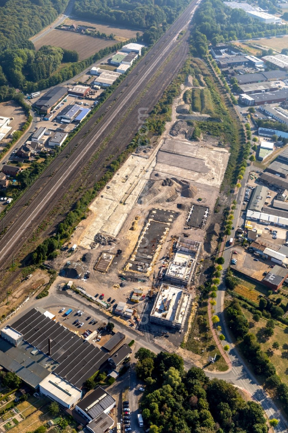 Ahlen from above - Construction site for the new building eines Baubetriebs- und Wertstoffhofes on Daimlerstrasse - Ostberg in Ahlen in the state North Rhine-Westphalia, Germany