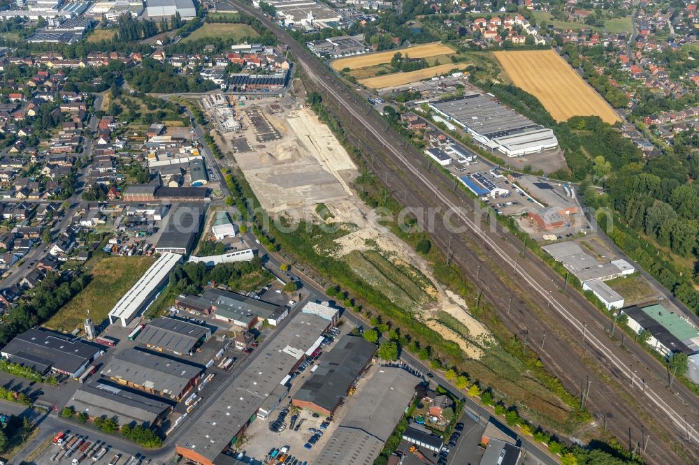 Ahlen from above - Construction site for the new building eines Baubetriebs- und Wertstoffhofes on Daimlerstrasse - Ostberg in Ahlen in the state North Rhine-Westphalia, Germany