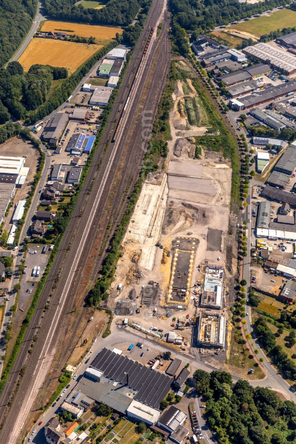 Aerial photograph Ahlen - Construction site for the new building eines Baubetriebs- und Wertstoffhofes on Daimlerstrasse - Ostberg in Ahlen in the state North Rhine-Westphalia, Germany