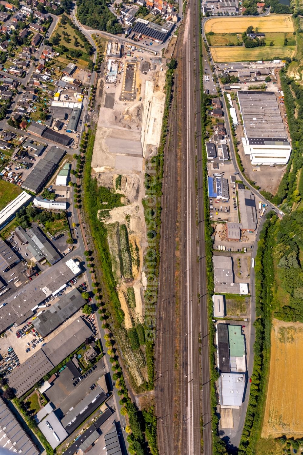 Ahlen from above - Construction site for the new building eines Baubetriebs- und Wertstoffhofes on Daimlerstrasse - Ostberg in Ahlen in the state North Rhine-Westphalia, Germany