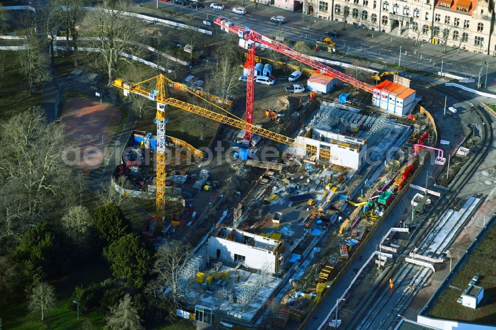 Aerial image Dessau - Construction site for the new building Bauhaus-Museum on Kavalierstrasse corner Friedrichstrasse in Dessau in the state Saxony-Anhalt, Germany