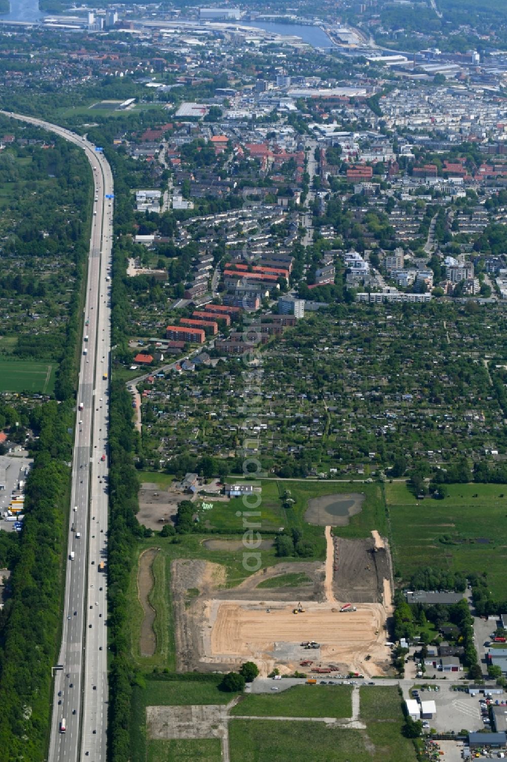 Lübeck from the bird's eye view: Construction site for the construction of a building materials trade and logistics center in Luebeck in the state of Schleswig-Holstein, Germany