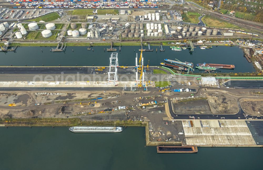 Aerial image Duisburg - Construction site to build a new loading station for on the coal island on Schlickstrasse in the harbour in the Ruhrort district in Duisburg in the Ruhr area in the state North Rhine-Westphalia, Germany