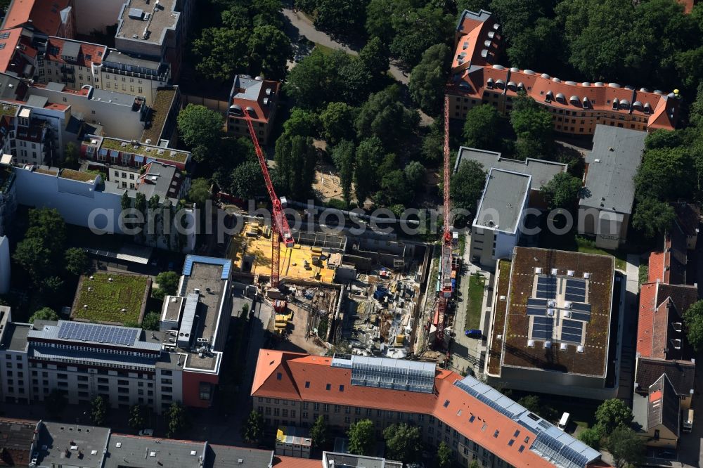 Berlin from the bird's eye view: Construction site of the new Berlin Institute for Medical Systems BIMSB on Hannoversche Strasse in the district of Mitte in Berlin, Germany