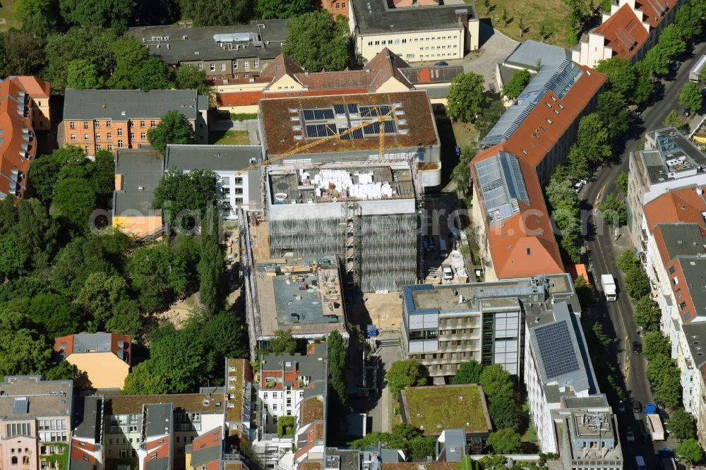 Berlin from the bird's eye view: Construction site of the new Berlin Institute for Medical Systems BIMSB on Hannoversche Strasse in the district of Mitte in Berlin, Germany