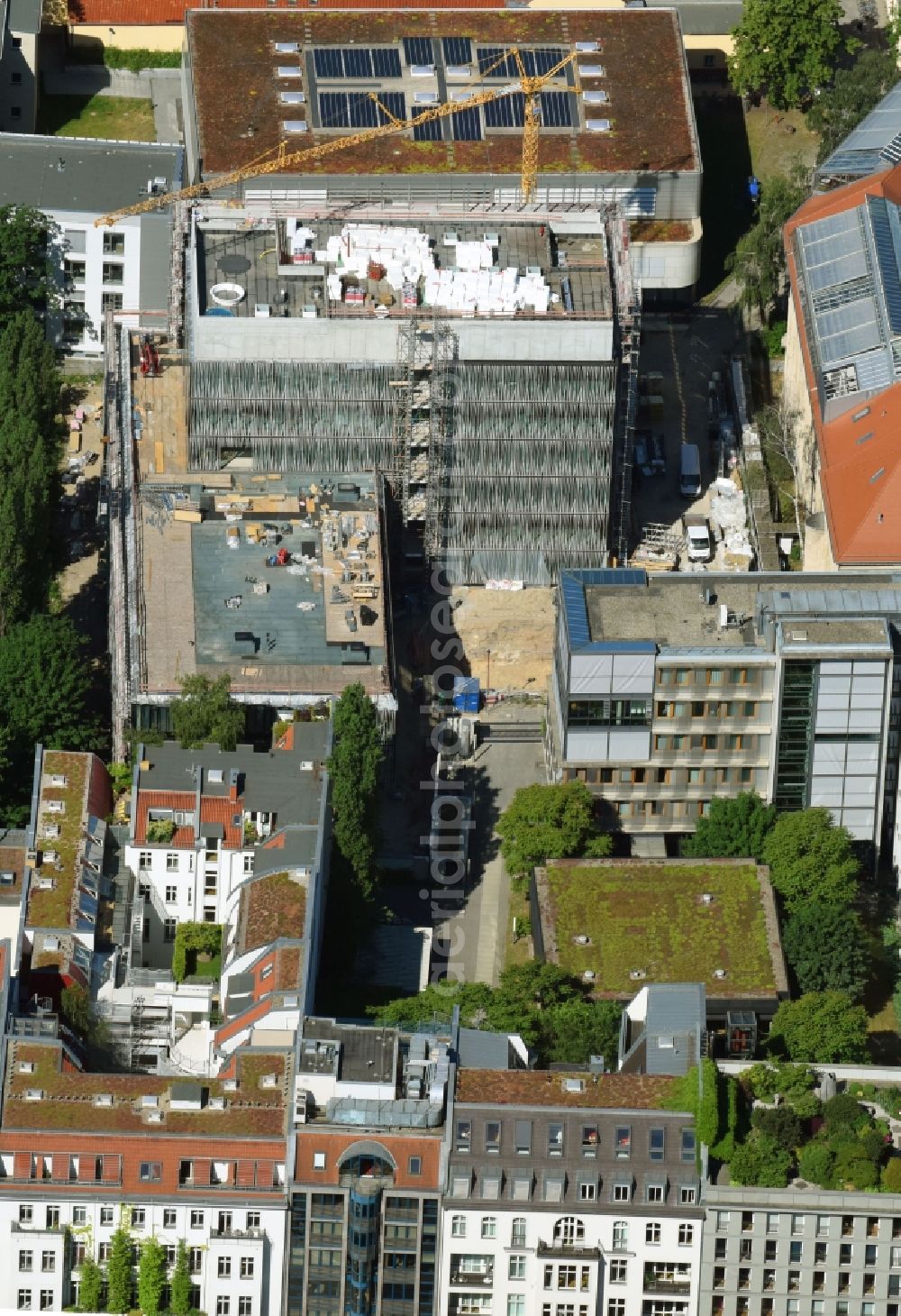 Aerial image Berlin - Construction site of the new Berlin Institute for Medical Systems BIMSB on Hannoversche Strasse in the district of Mitte in Berlin, Germany