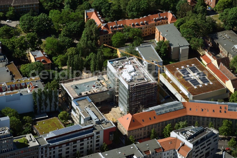 Berlin from above - Construction site of the new Berlin Institute for Medical Systems BIMSB on Hannoversche Strasse in the district of Mitte in Berlin, Germany