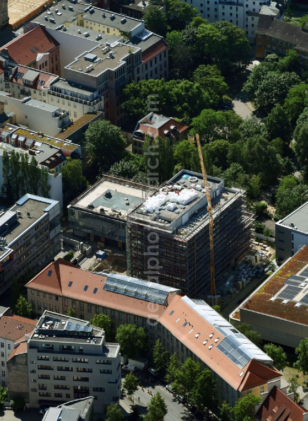 Berlin from above - Construction site of the new Berlin Institute for Medical Systems BIMSB on Hannoversche Strasse in the district of Mitte in Berlin, Germany