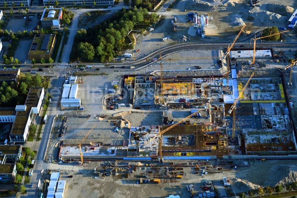 München from above - New construction site of the school building Am Huellgraben - Joseph-Wild-Strasse in the district Riem in Munich in the state Bavaria, Germany