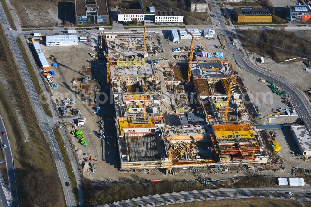 Aerial image München - New construction site of the school building Am Huellgraben - Joseph-Wild-Strasse in the district Riem in Munich in the state Bavaria, Germany