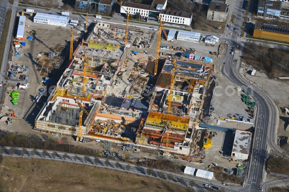 Aerial image München - New construction site of the school building Am Huellgraben - Joseph-Wild-Strasse in the district Riem in Munich in the state Bavaria, Germany