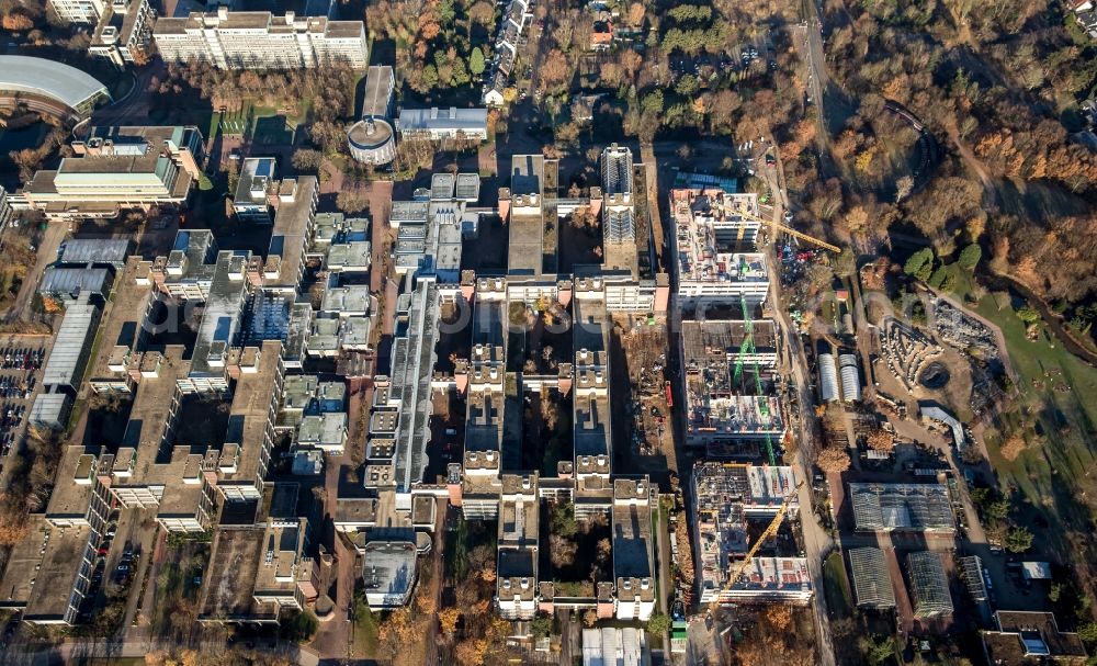 Düsseldorf from the bird's eye view: Construction site of the new academic building of biologcial sciences and the building 26 on campus of Heinrich Heine University in Duesseldorf in the state of North Rhine-Westphalia