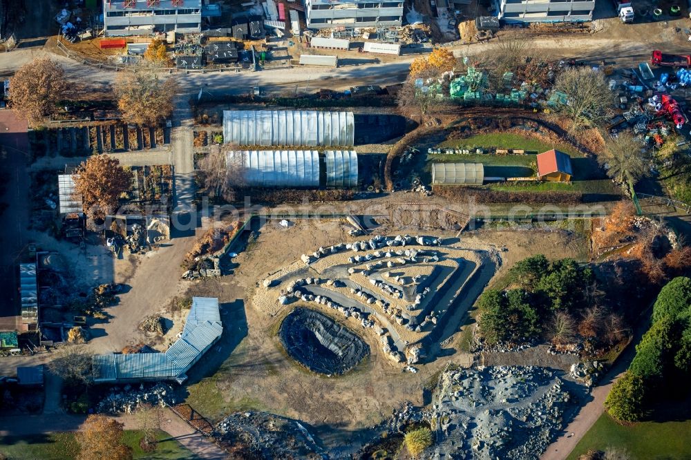 Düsseldorf from the bird's eye view: Construction site of the new academic building of biologcial sciences and the building 26 on campus of Heinrich Heine University in Duesseldorf in the state of North Rhine-Westphalia