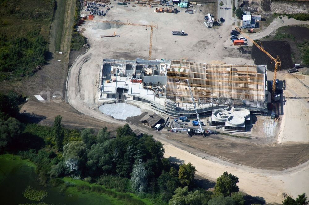 Werder Havel from the bird's eye view: Construction site for the new building of the spa Werder (Havel) with brine and sauna in Werder Havel in Brandenburg