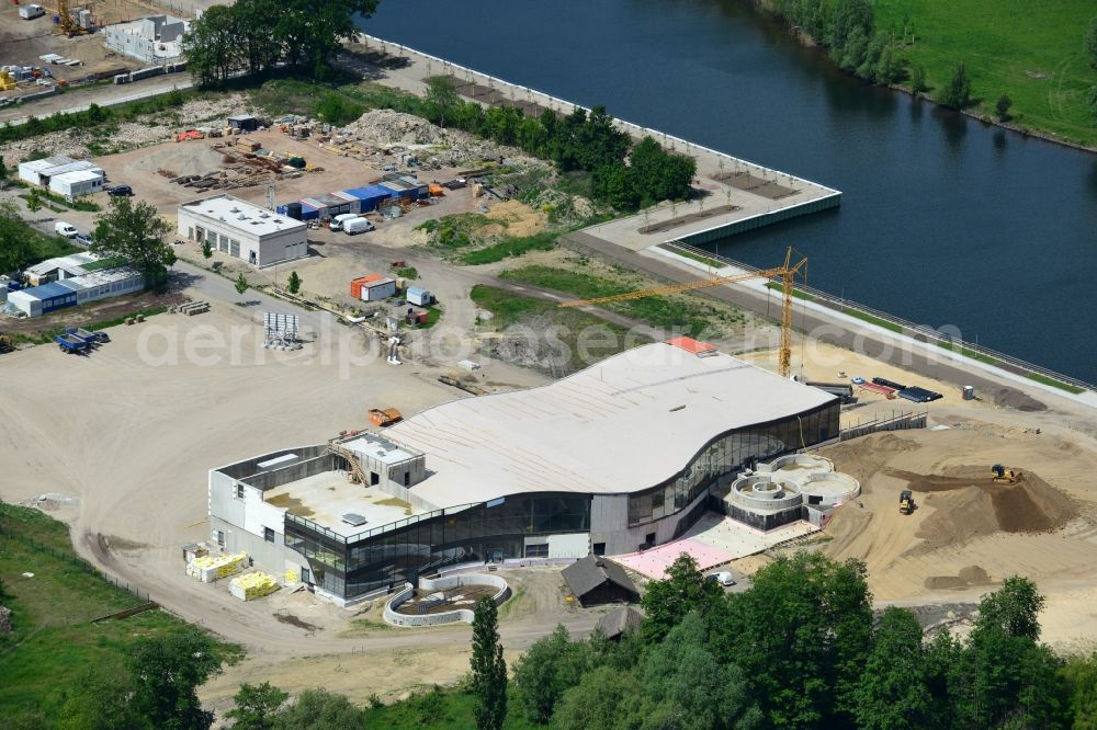 Werder Havel from the bird's eye view: Construction site for the new building of the spa Werder (Havel) with brine and sauna in Werder Havel in Brandenburg