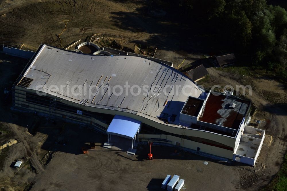 Werder Havel from the bird's eye view: Construction site for the new building of the spa Werder (Havel) with brine and sauna in Werder Havel in Brandenburg