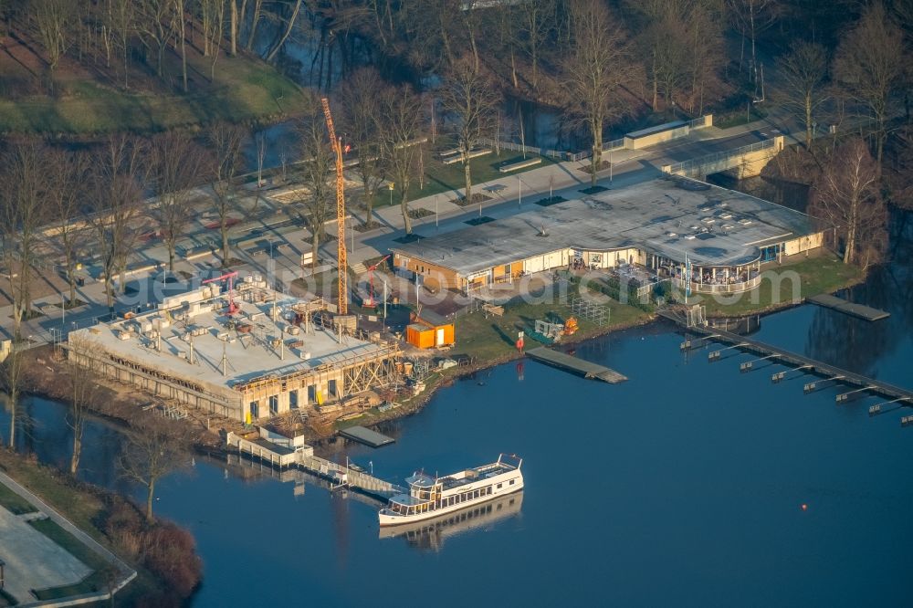 Haltern am See from above - Construction site for the new building of Bootshausgesellschaft Strandallee GmbH & CO. KG on Stadtmuehlenbucht on lake Muehlenbach in Haltern am See in the state North Rhine-Westphalia, Germany