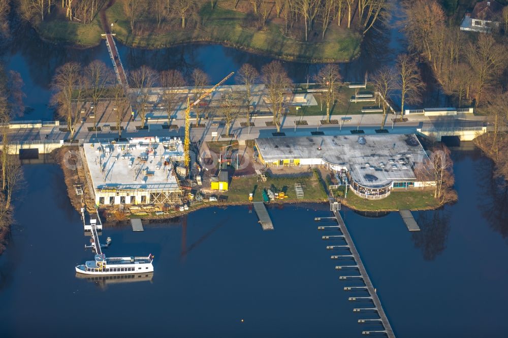 Aerial photograph Haltern am See - Construction site for the new building of Bootshausgesellschaft Strandallee GmbH & CO. KG on Stadtmuehlenbucht on lake Muehlenbach in Haltern am See in the state North Rhine-Westphalia, Germany